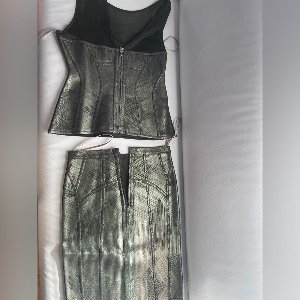 Herve Leger Cadi metallic green bandage shirt and pencil skirt